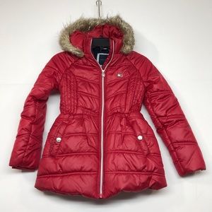 Tommy Hilfiger Girls 8/10 M Cherry Red Chevron Hooded Puffer Jacket EUC